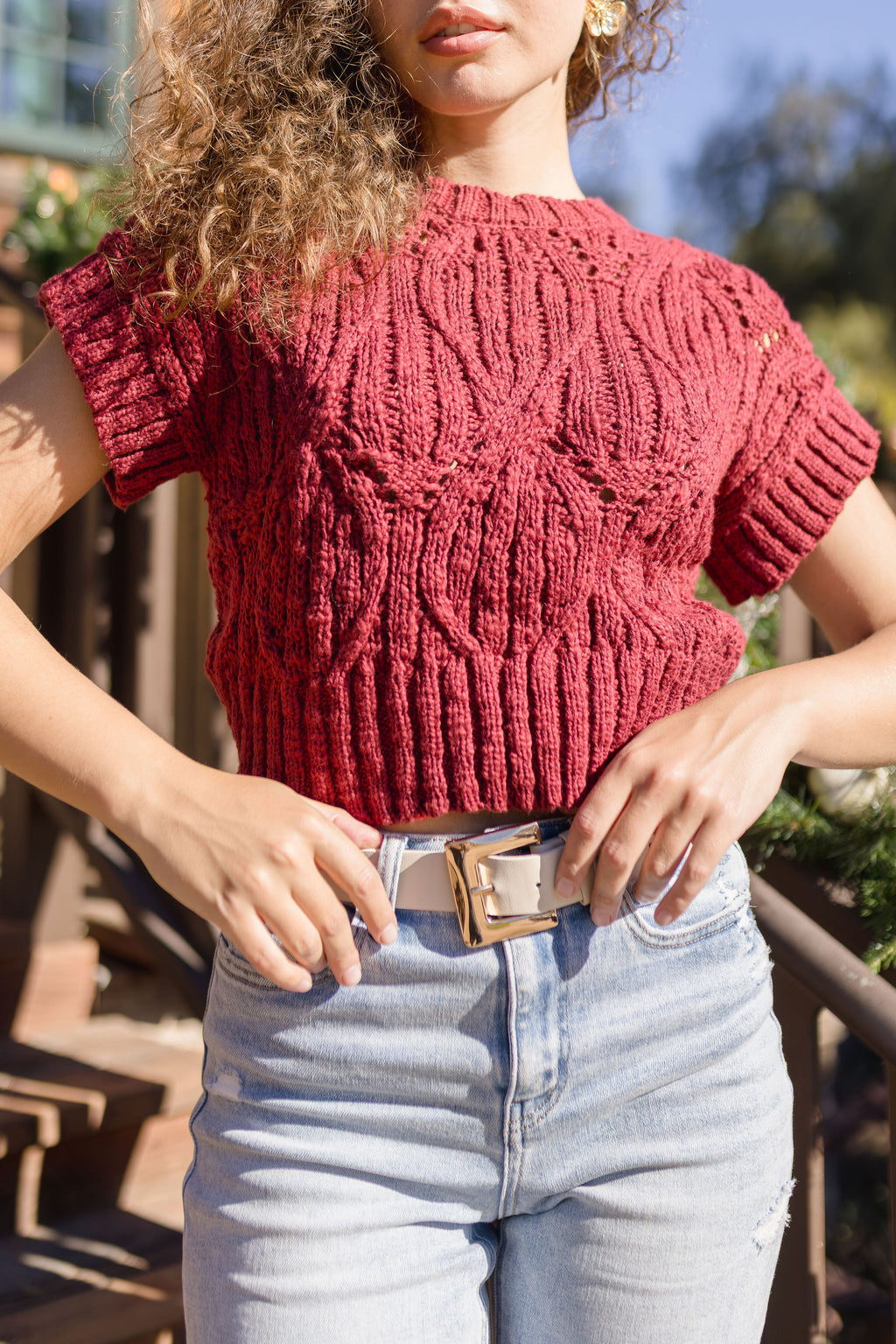 Short Sleeve Crochet Top Red