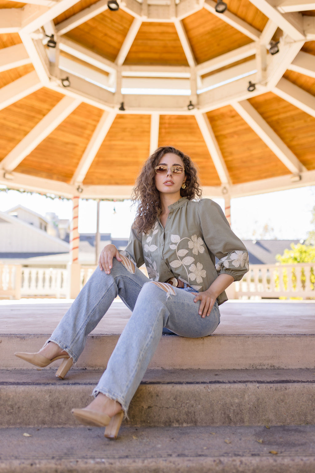 3/4 Sleeve Button Down Floral Embroidered Top Olive