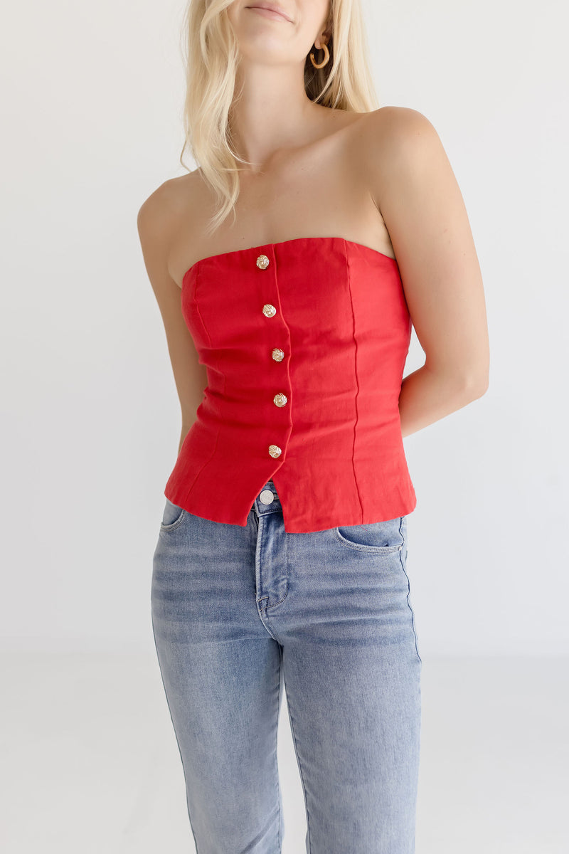  Sleeveless Button Front Top Red