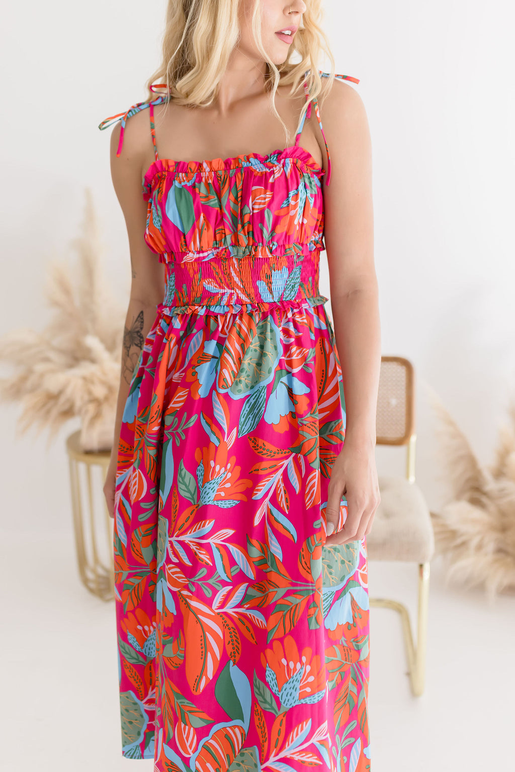 Sleeveless Shoulder Tie Tropical Print Midi Dress Fuchsia
