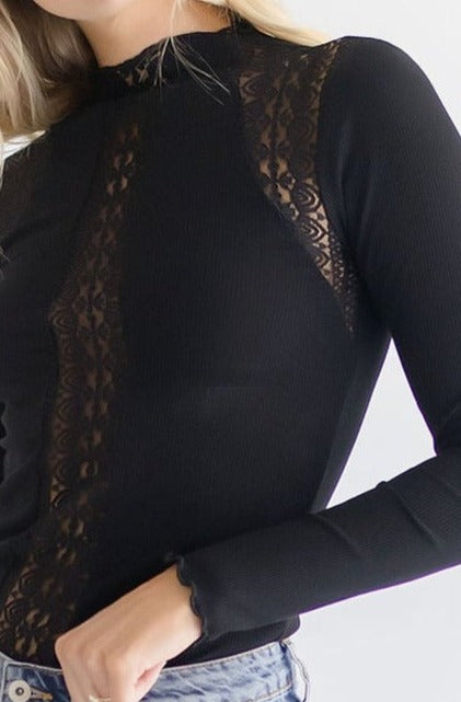  Long Sleeve Lace Paneled Top Black