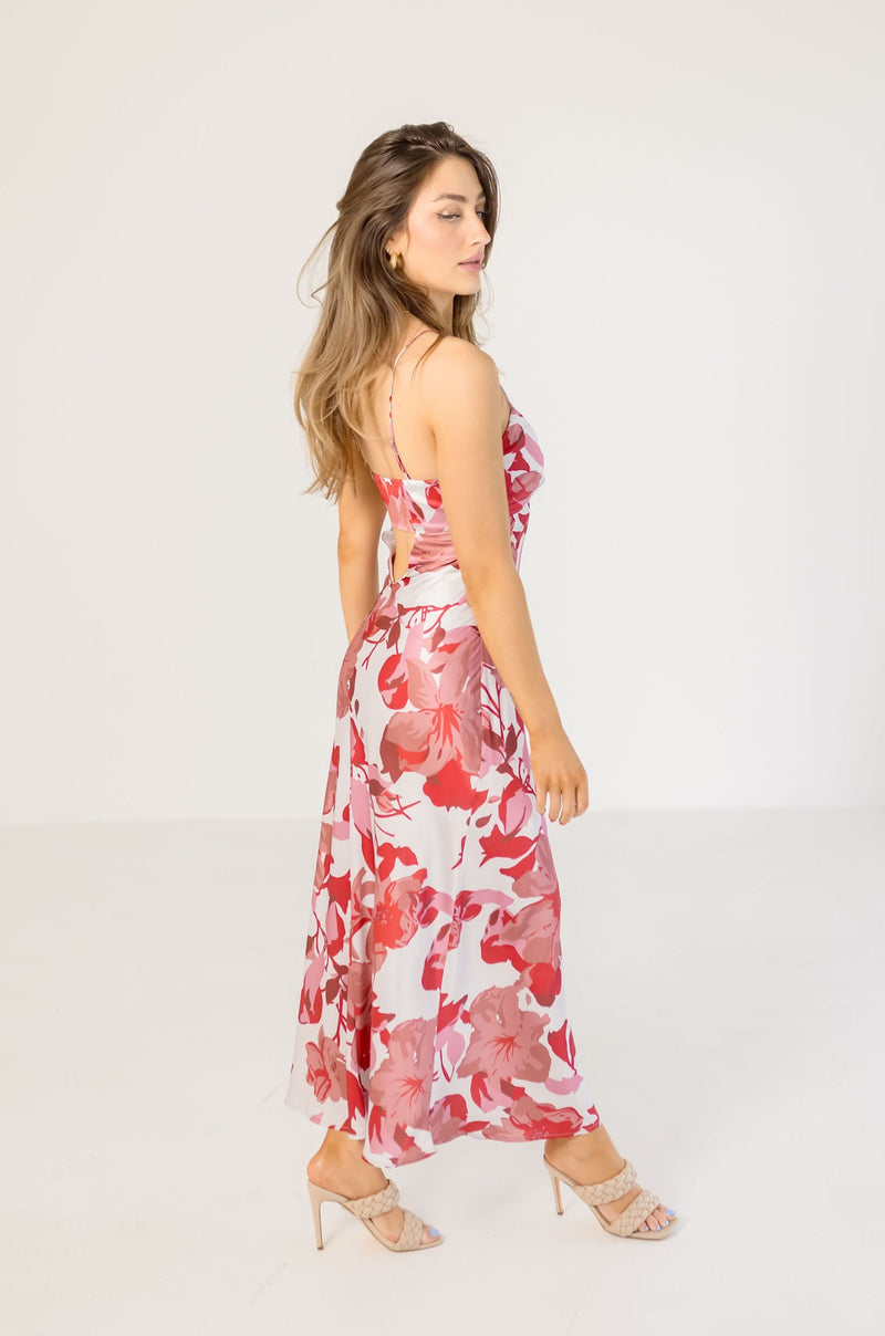 Back Cut Out Floral Print Maxi Dress Pink