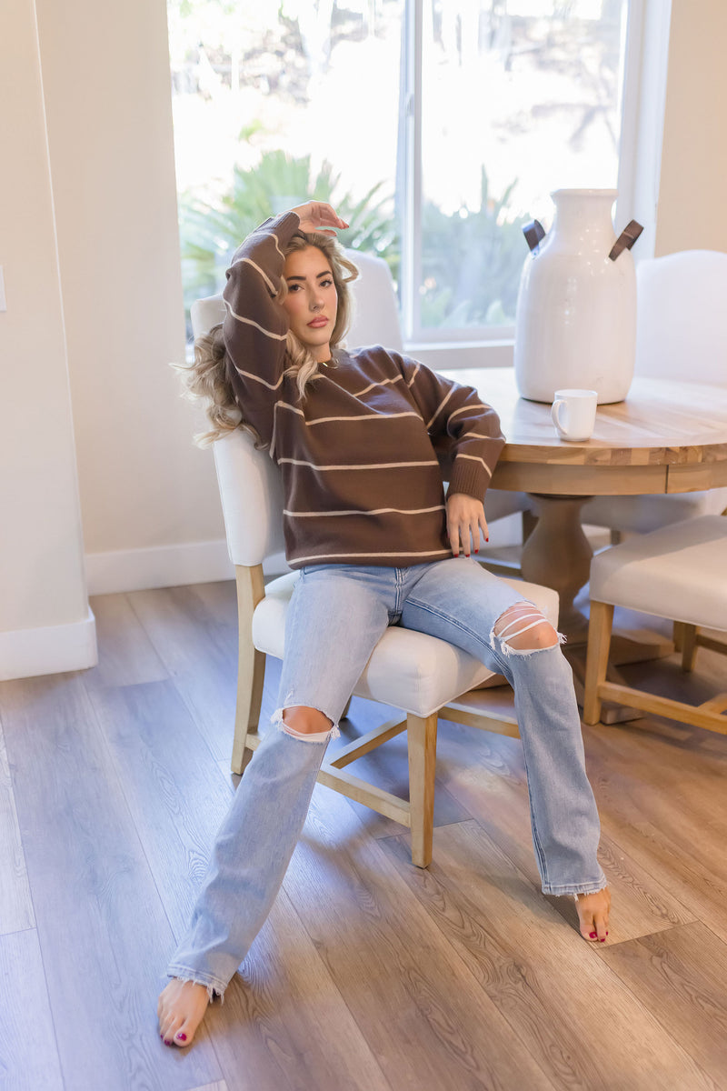 Long Sleeve Stripe Print Knit Sweater Brown