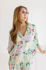  Short Sleeve Button Down Floral Print Top Green