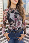 Finn Long Sleeve Floral Print Mesh Top Black