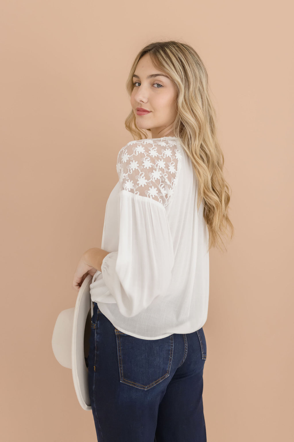 Long Sleeve Floral Embroidered Top White