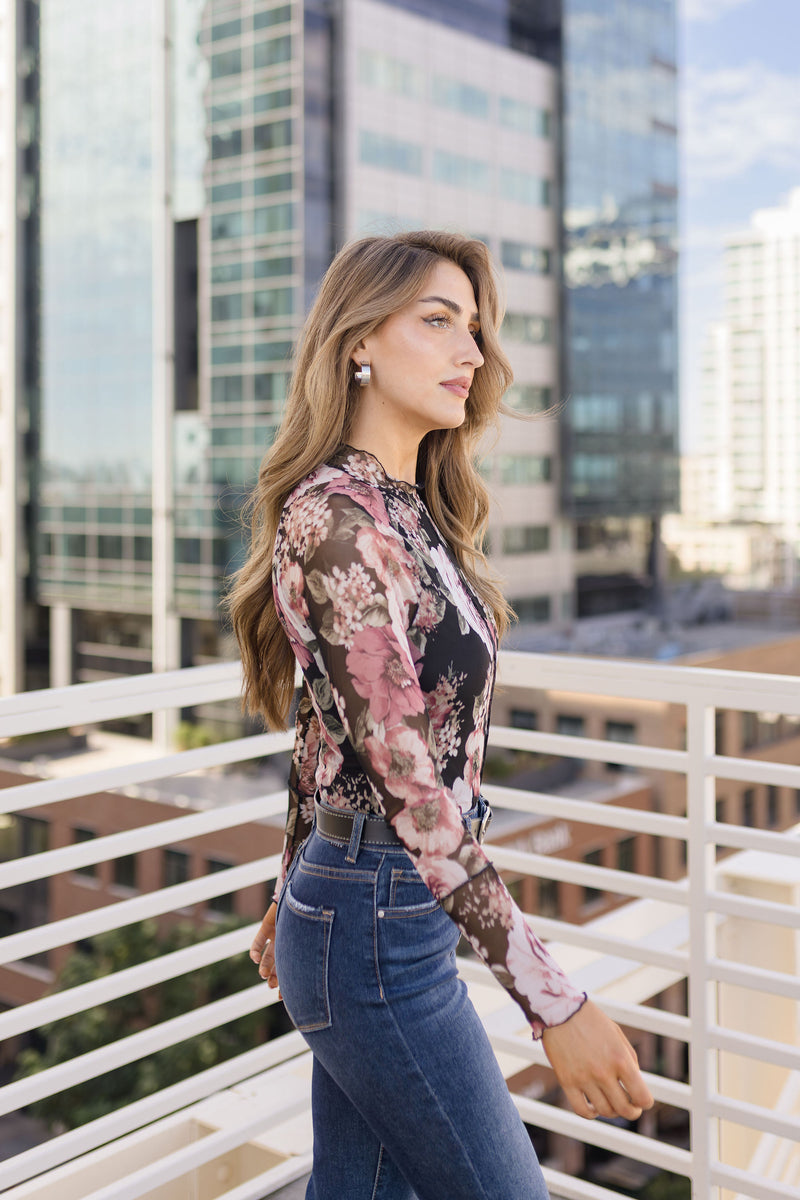 Long Sleeve Floral Print Mesh Top Black
