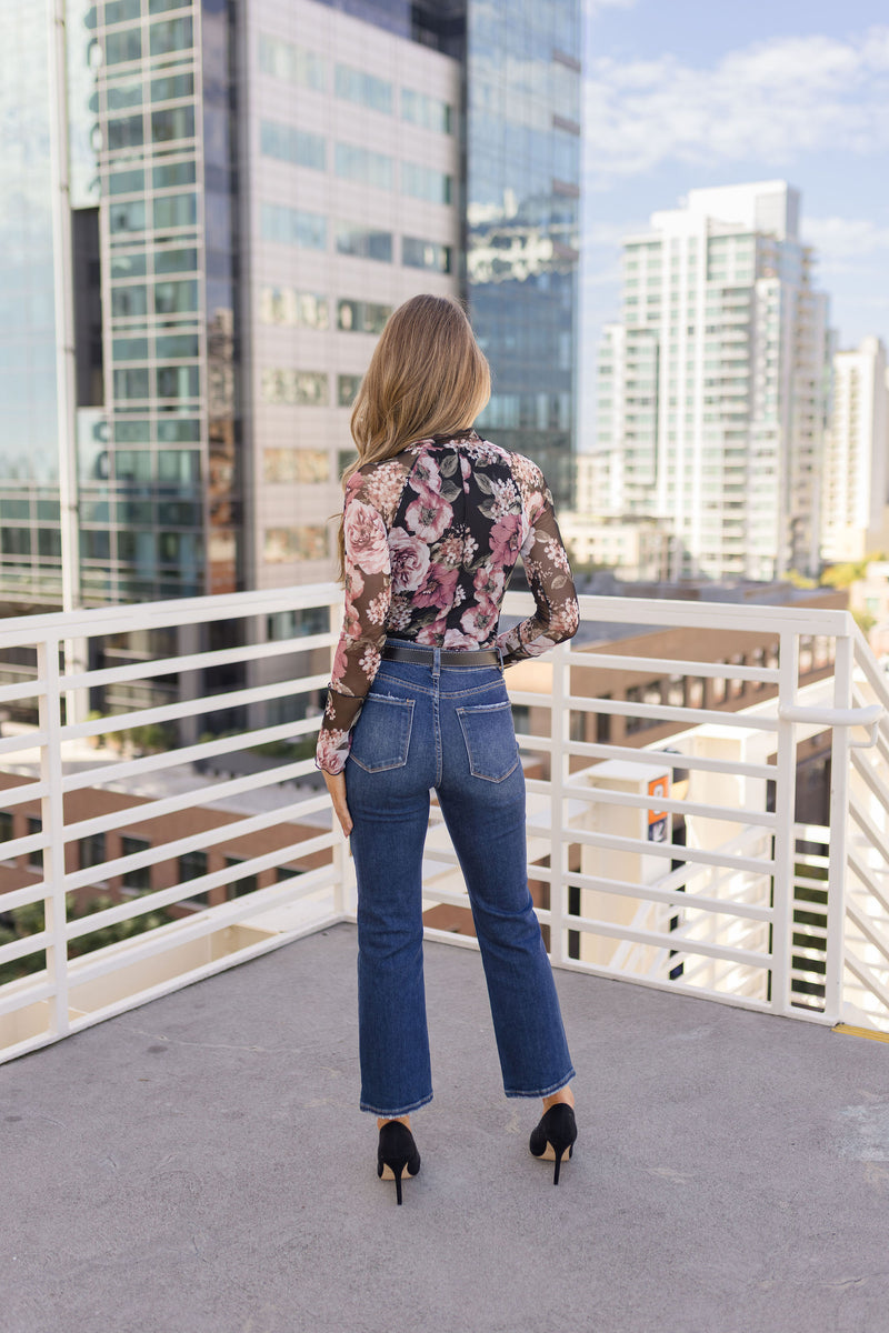 Long Sleeve Floral Print Mesh Top Black