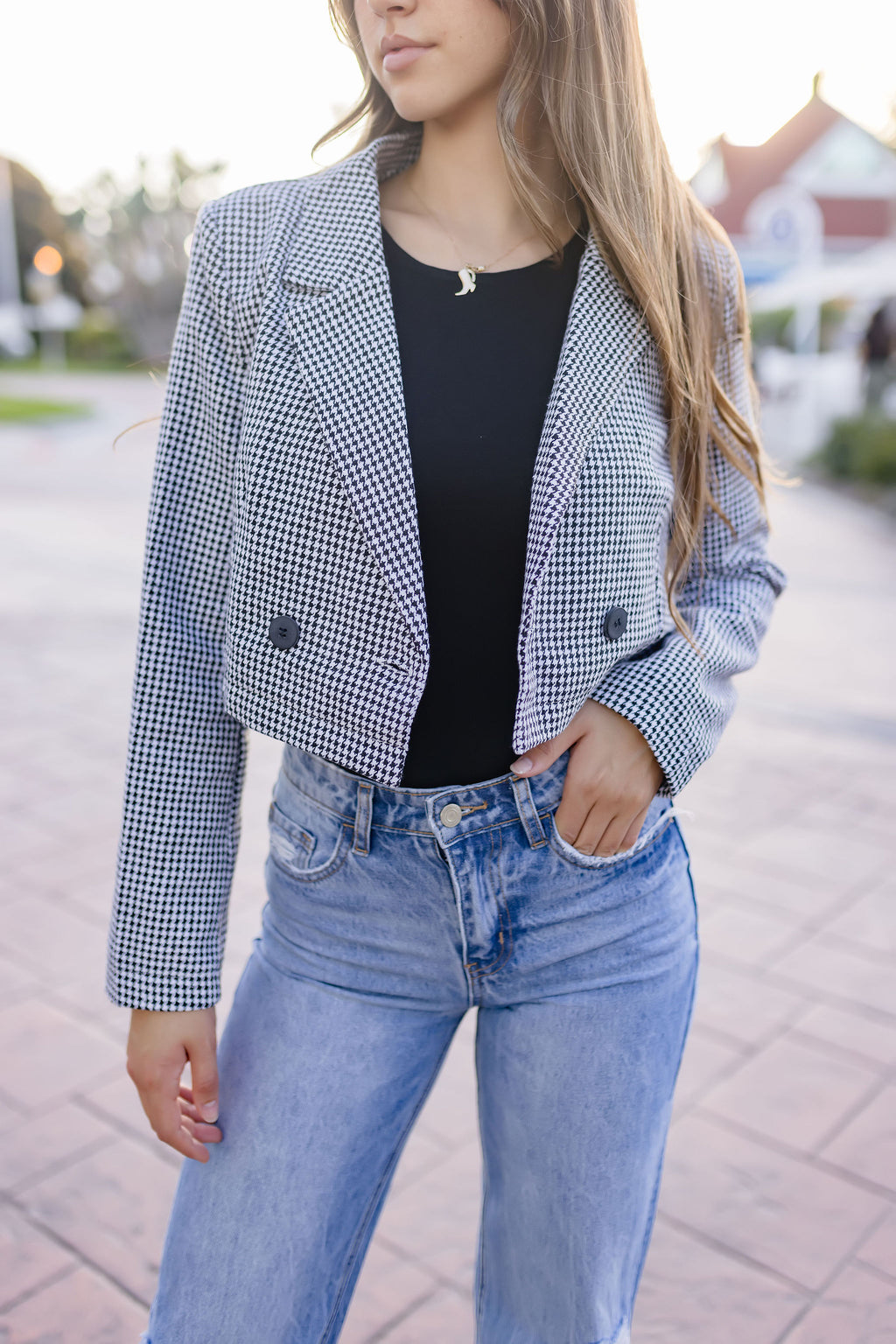  Double Breasted Checkered Print Crop Blazer Black