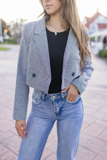  Double Breasted Checkered Print Crop Blazer Black