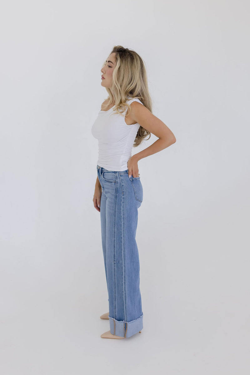 High Rise Cuffed Wide Leg Jeans Medium Wash