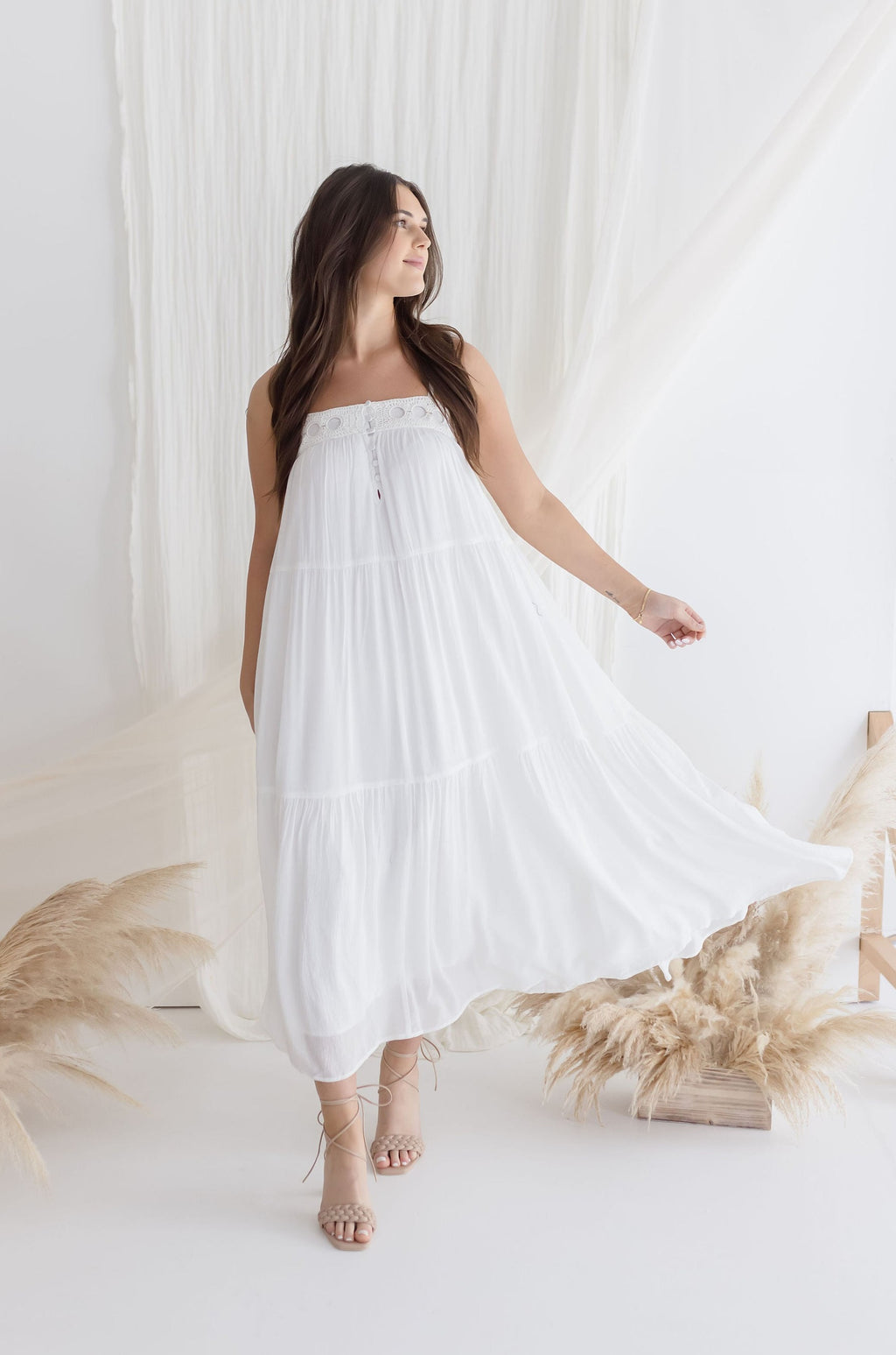  Sleeveless Crochet Maxi Dress White