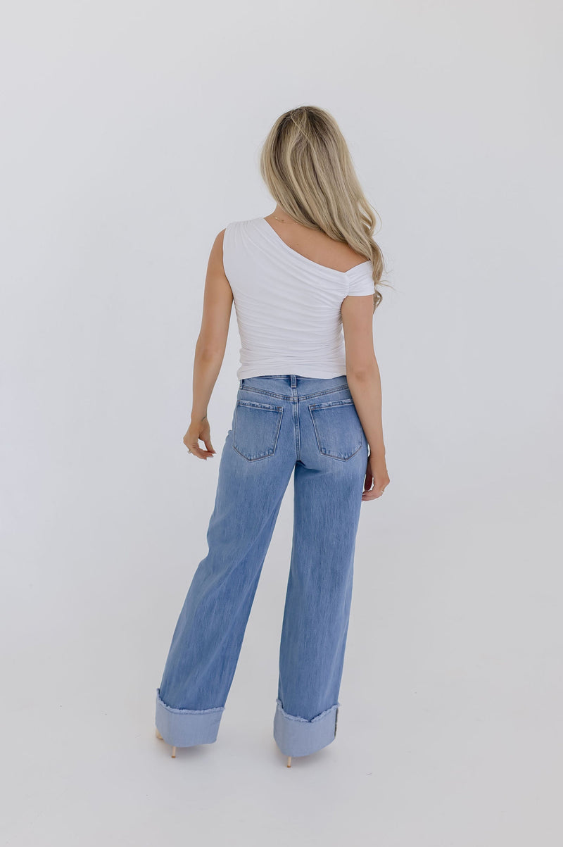 High Rise Cuffed Wide Leg Jeans Medium Wash
