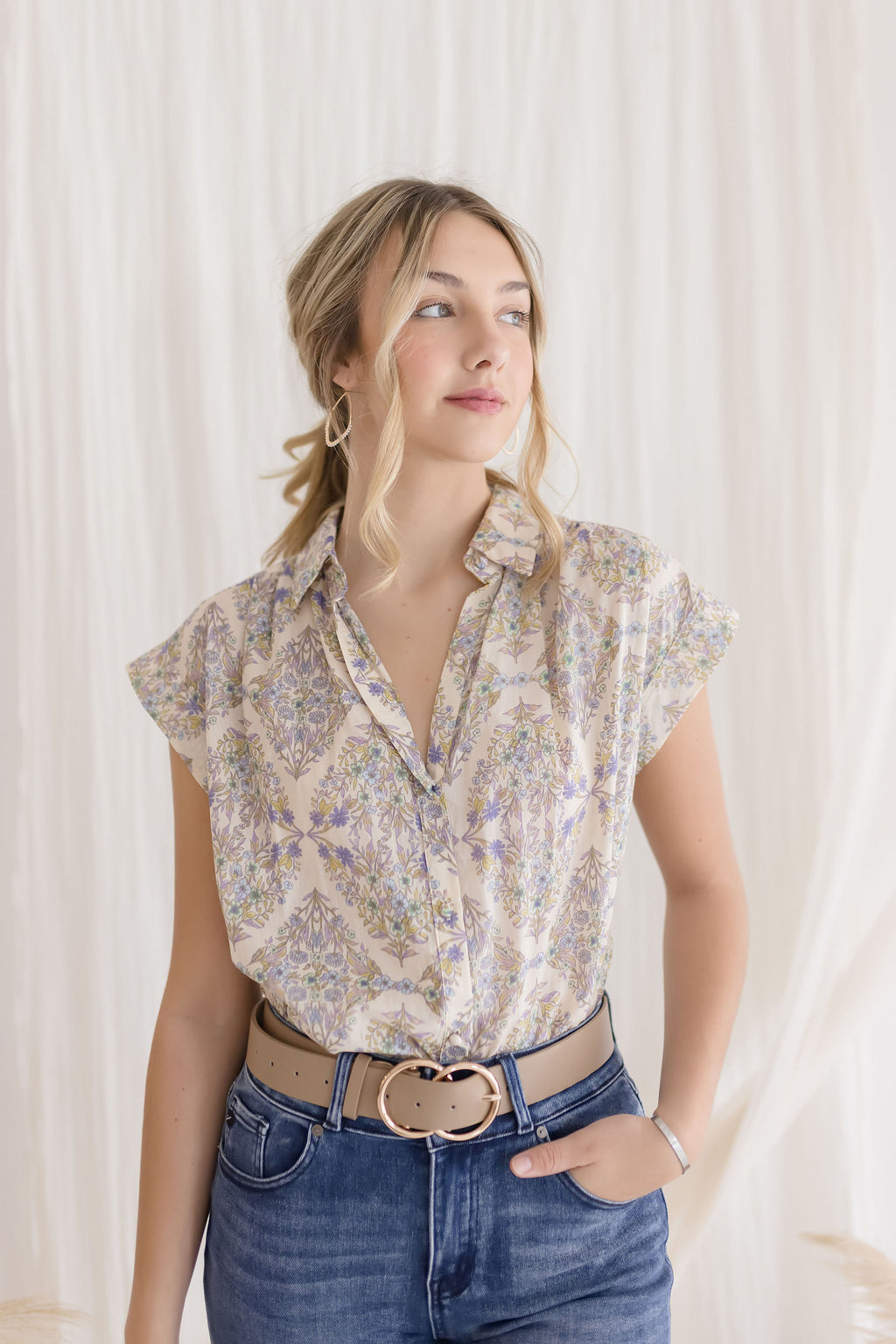 Short Sleeve Button Down Abstract Print Top Lilac