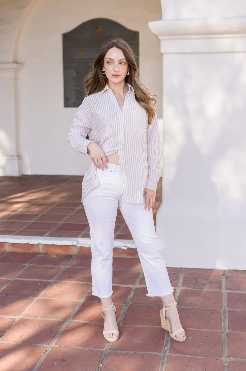 Long Sleeve Stripe Print Button Down Top Taupe