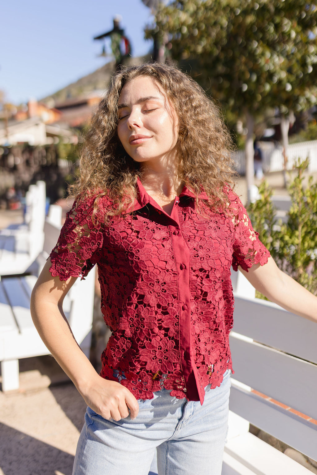 Short Sleeve Button Down Floral Lace Top Burgundy