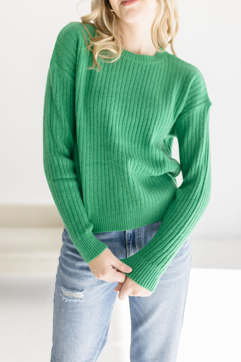  Long Sleeve Ribbed Sweater Top Green