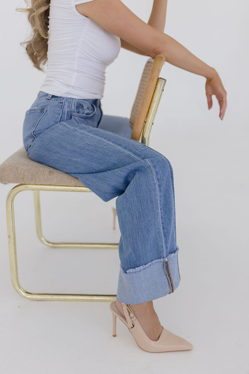 High Rise Cuffed Wide Leg Jeans Medium Wash