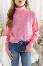  Long Sleeve Turtleneck Cable Knit Sweater Top Pink