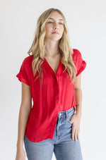 Callie Short Sleeve Button Down Top Red