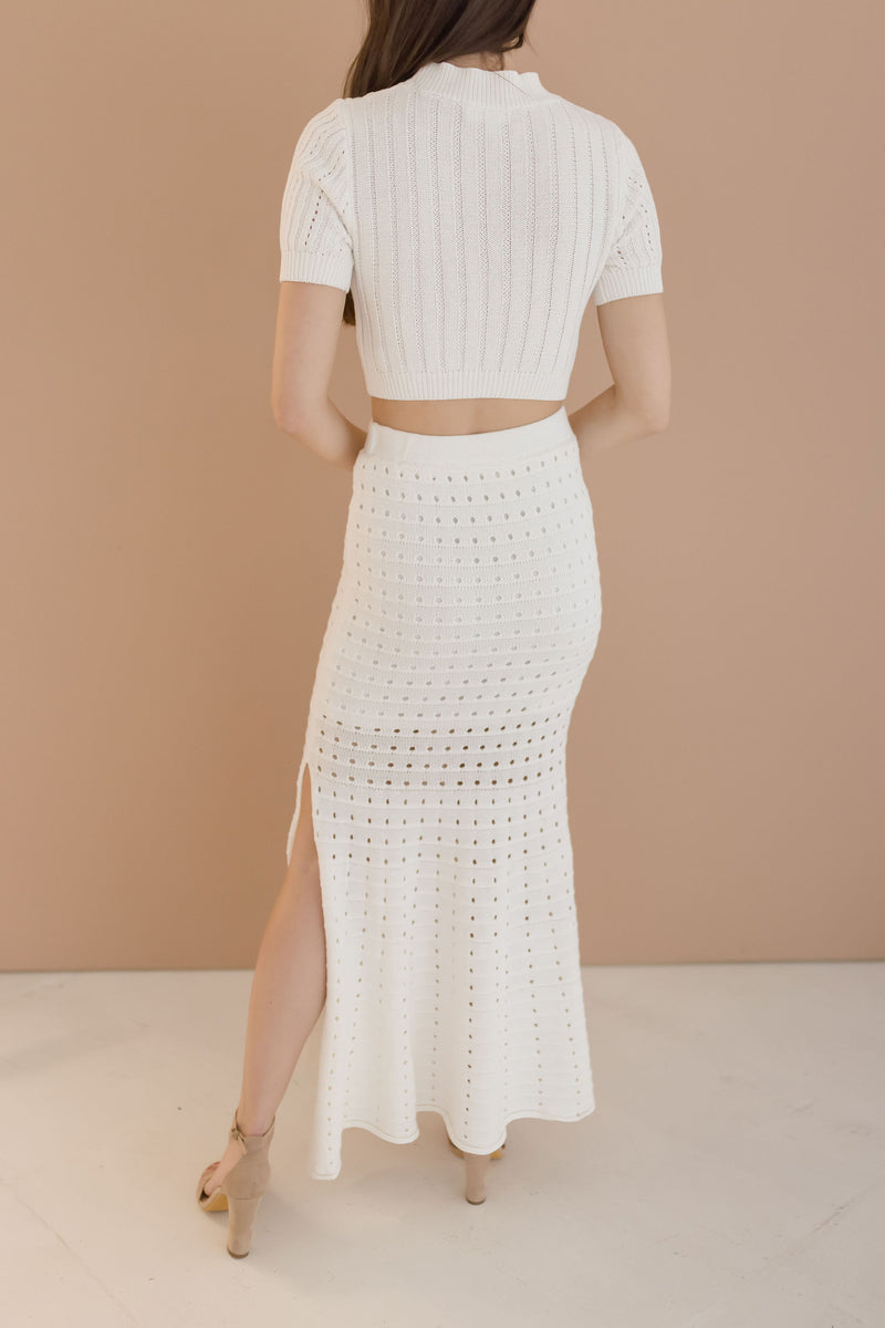 Pointelle Knit Crop Top And Maxi Skirt Set White