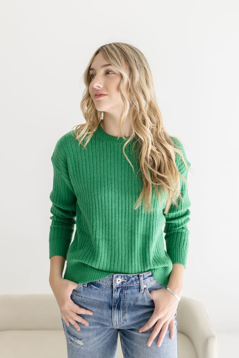  Long Sleeve Ribbed Sweater Top Green
