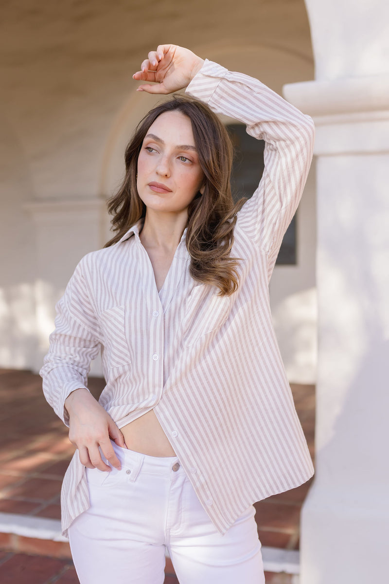 Long Sleeve Stripe Print Button Down Top Taupe
