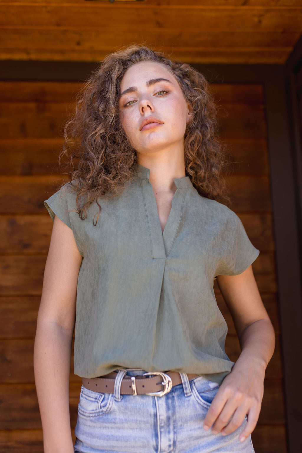 Short Sleeve Suede Top Olive