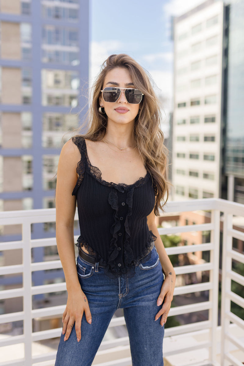 Sleeveless Lace Button Down Knit Top Black