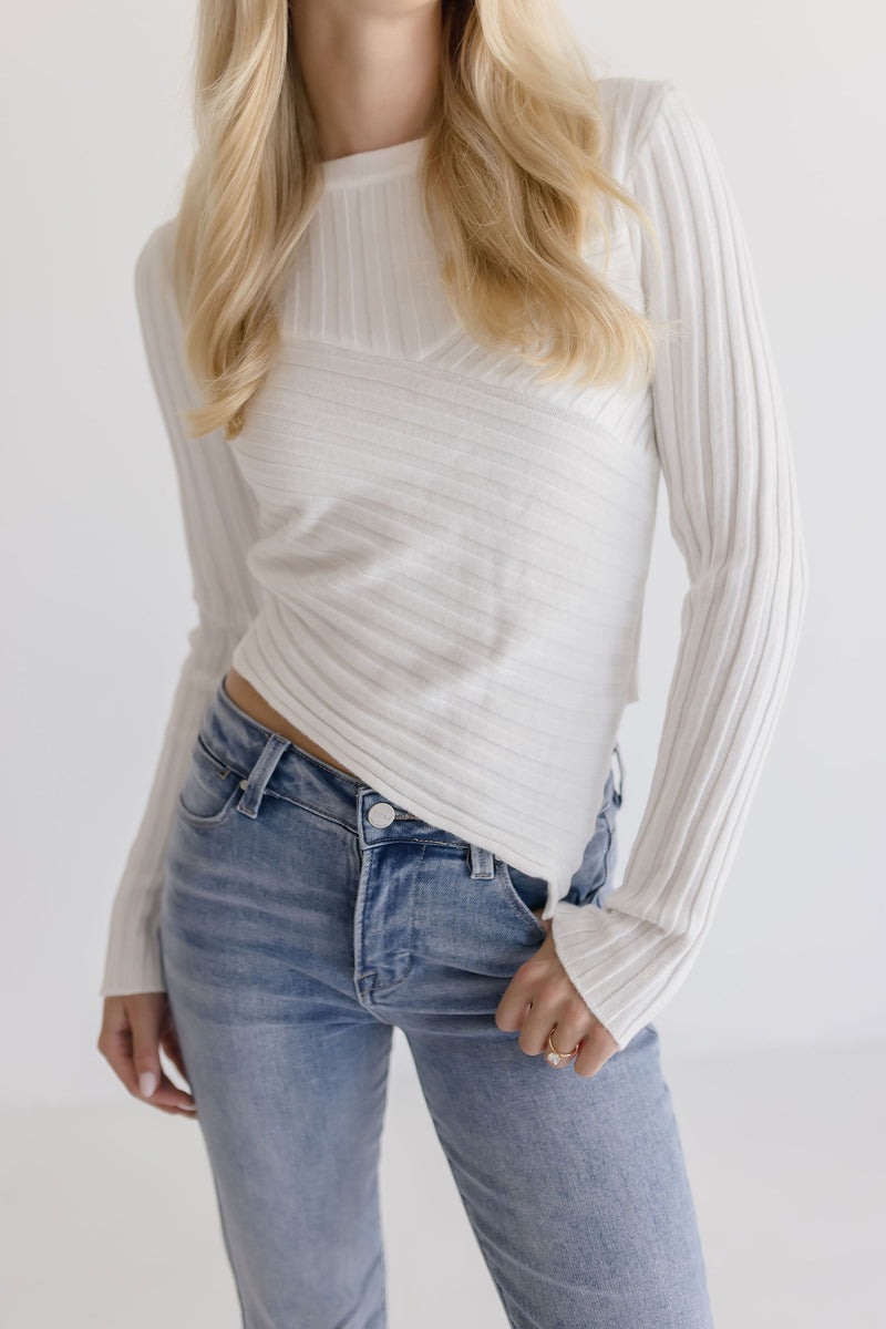 Long Sleeve Ribbed Sweater Top White