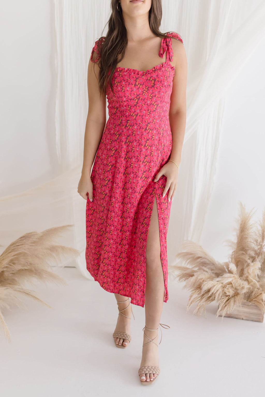 Sleeveless Shoulder Tie Floral Print Midi Dress Pink