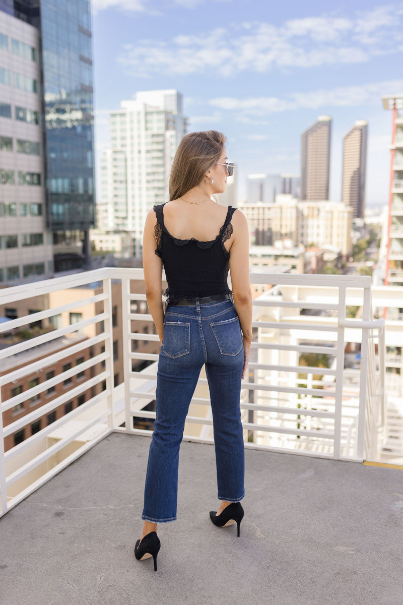 Sleeveless Lace Button Down Knit Top Black
