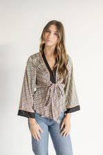 Long Sleeve Abstract Print Tie Front Top Brown
