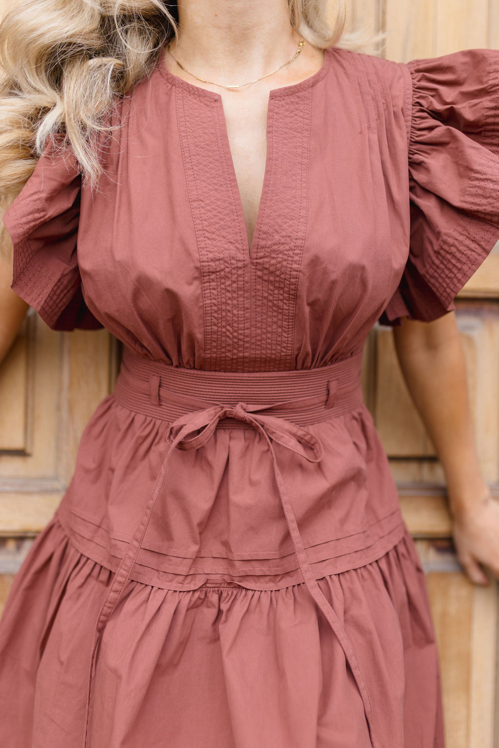 Flutter Sleeve Waist Tie Poplin Mini Dress Rust