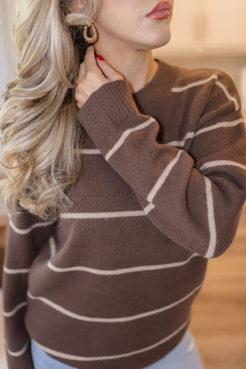 Long Sleeve Stripe Print Knit Sweater Brown