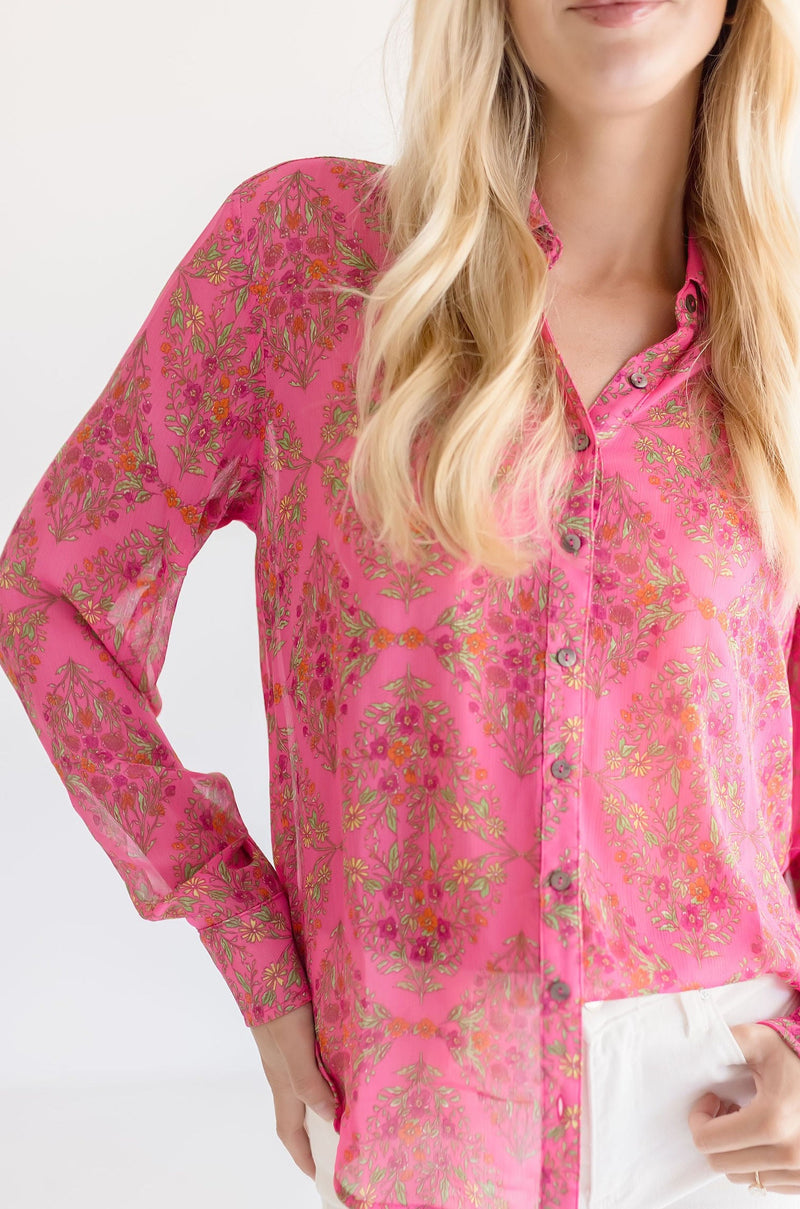 Long Sleeve Floral Print Button Down Top Pink