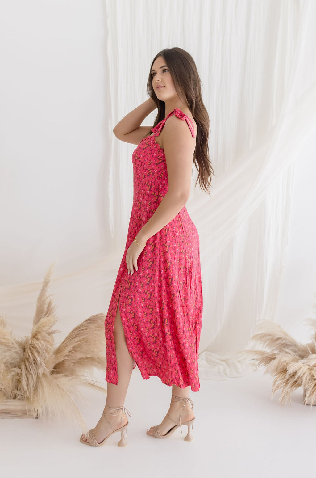 Sleeveless Shoulder Tie Floral Print Midi Dress Pink