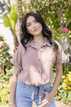  Button Down Drawstring Top Taupe