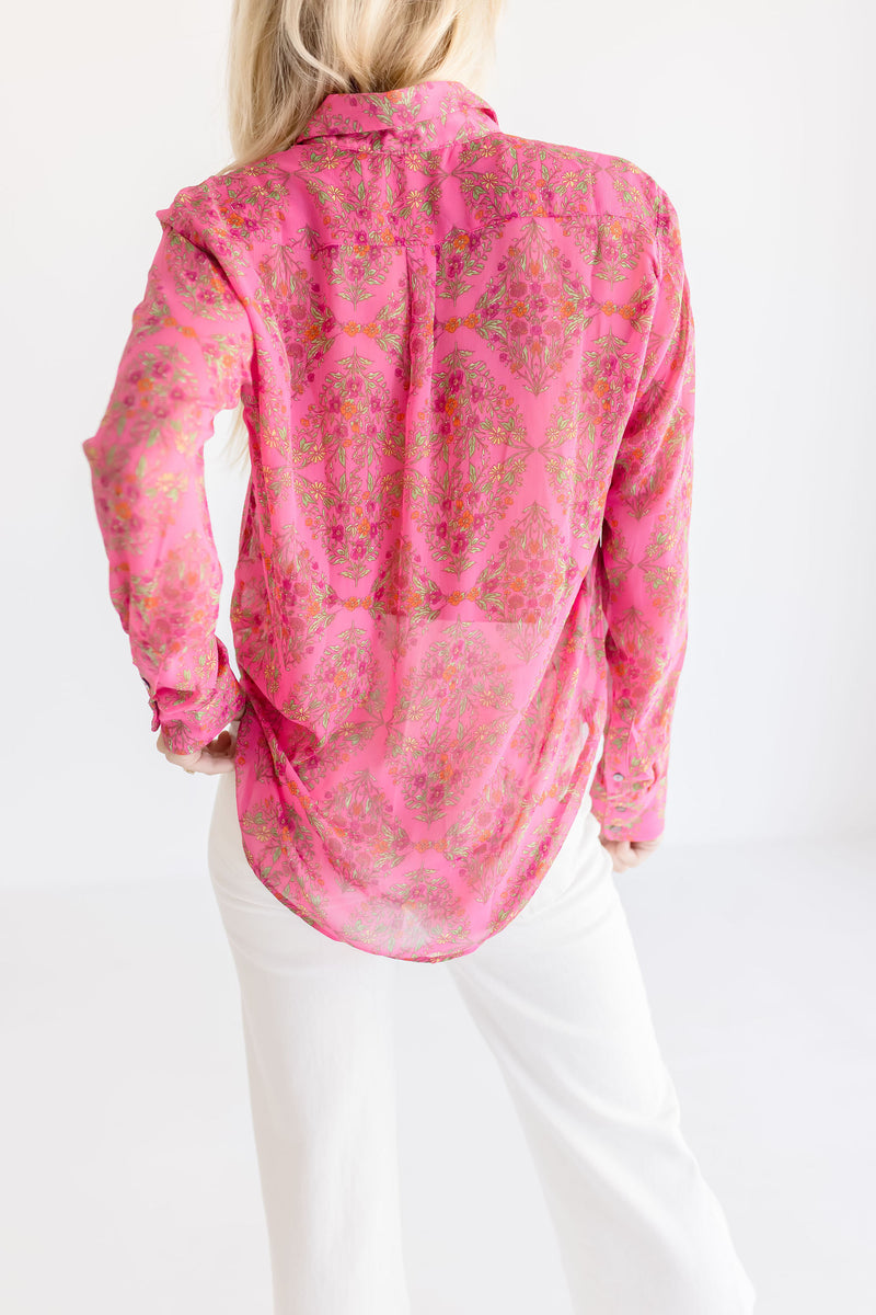 Long Sleeve Floral Print Button Down Top Pink