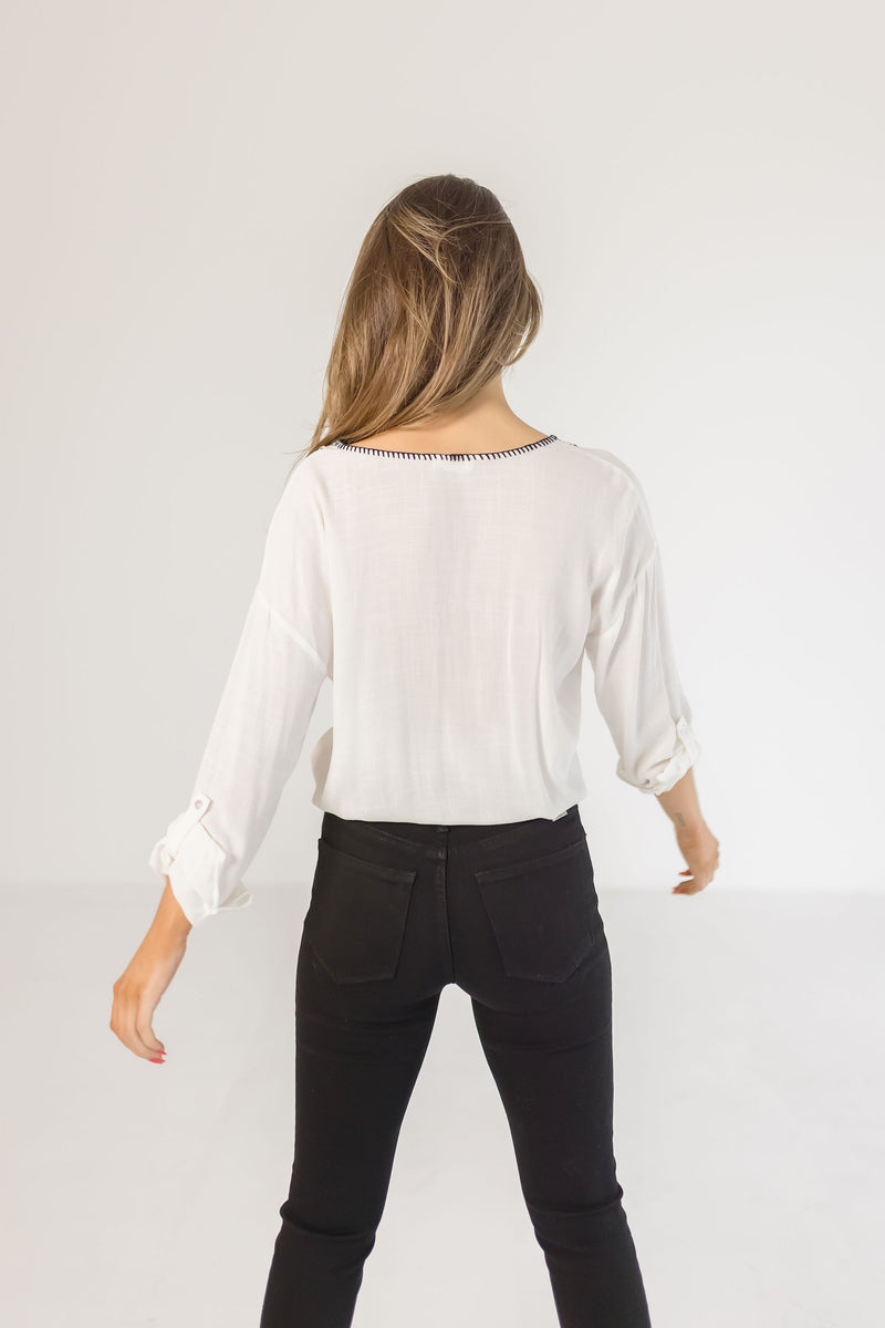  Long Sleeve Embroidered Tie Front Top White
