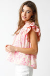 Short Ruffle Sleeve Floral Print Top Pink
