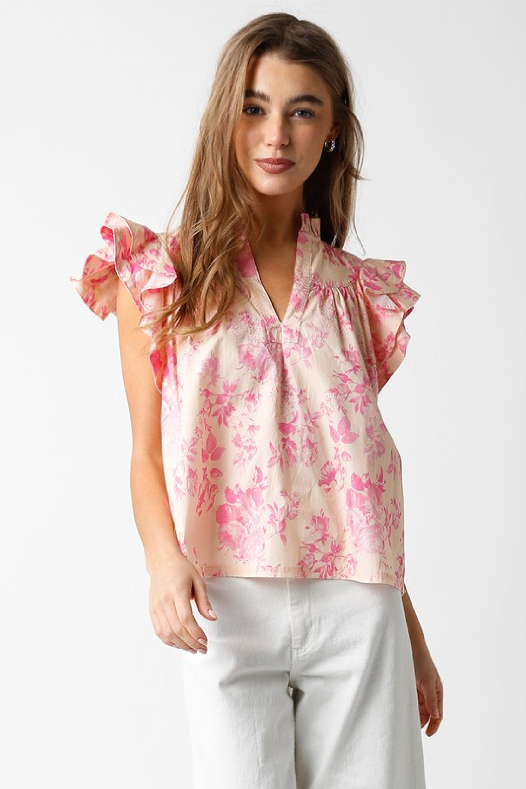 Short Ruffle Sleeve Floral Print Top Pink