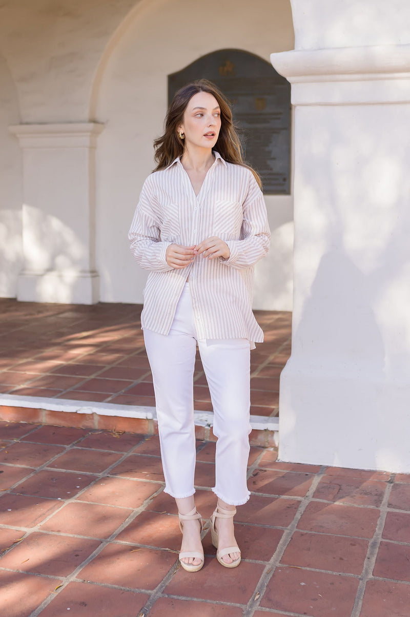 Long Sleeve Stripe Print Button Down Top Taupe