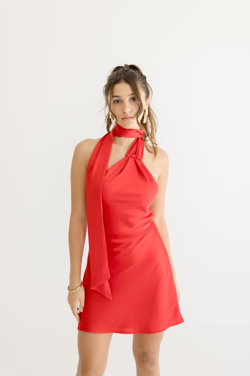  One Shoulder Open Back Satin Mini Dress Red