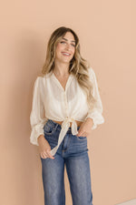  Long Sleeve Button Down Front Tie Crop Top Ivory