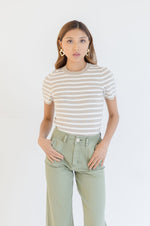 Short Sleeve Stripe Print Sweater Top Taupe