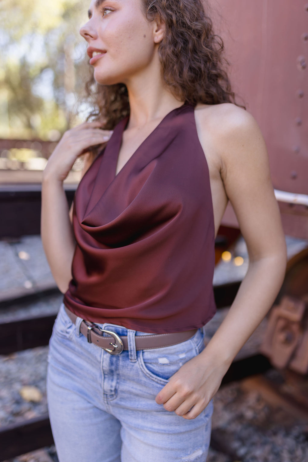 Sleeveless Halter Satin Top Brown