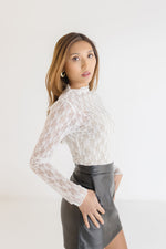 Long Sleeve Mock Neck Floral Lace Top White