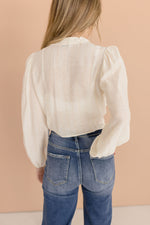  Long Sleeve Button Down Front Tie Crop Top Ivory