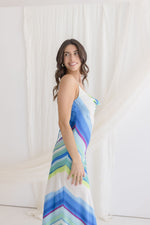 Camila Sleeveless Cowl Neck Stripe Print Midi Dress Blue